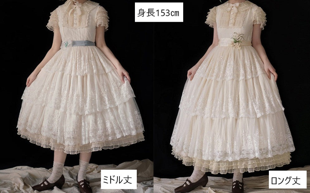 【予約販売】鈴蘭の花刺繍 三段レースワンピース（ロング丈）