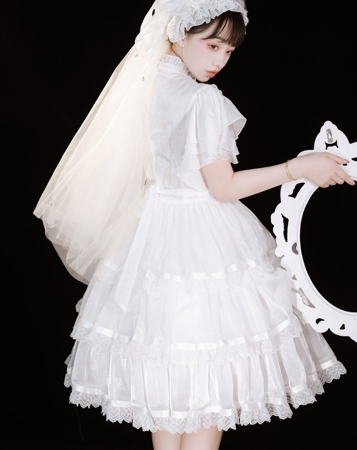 Sheer Stand Collar Elegant Frill Dress