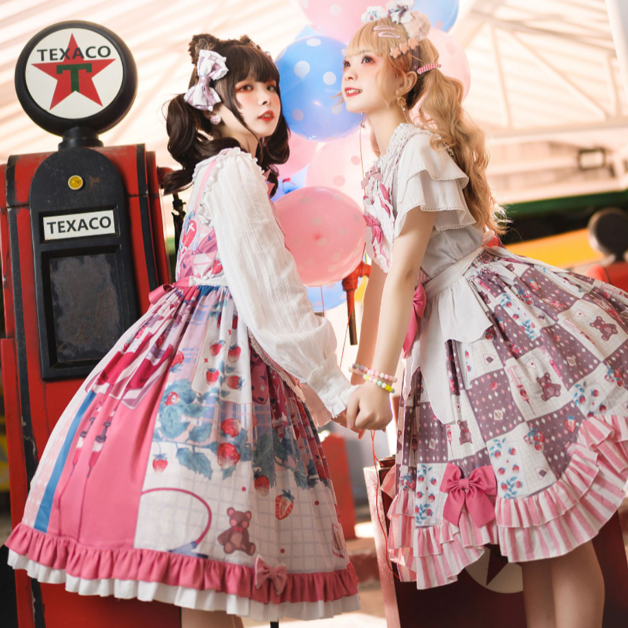 Sweet lolita jumper skirt with strawberry milk strawberry print with apron