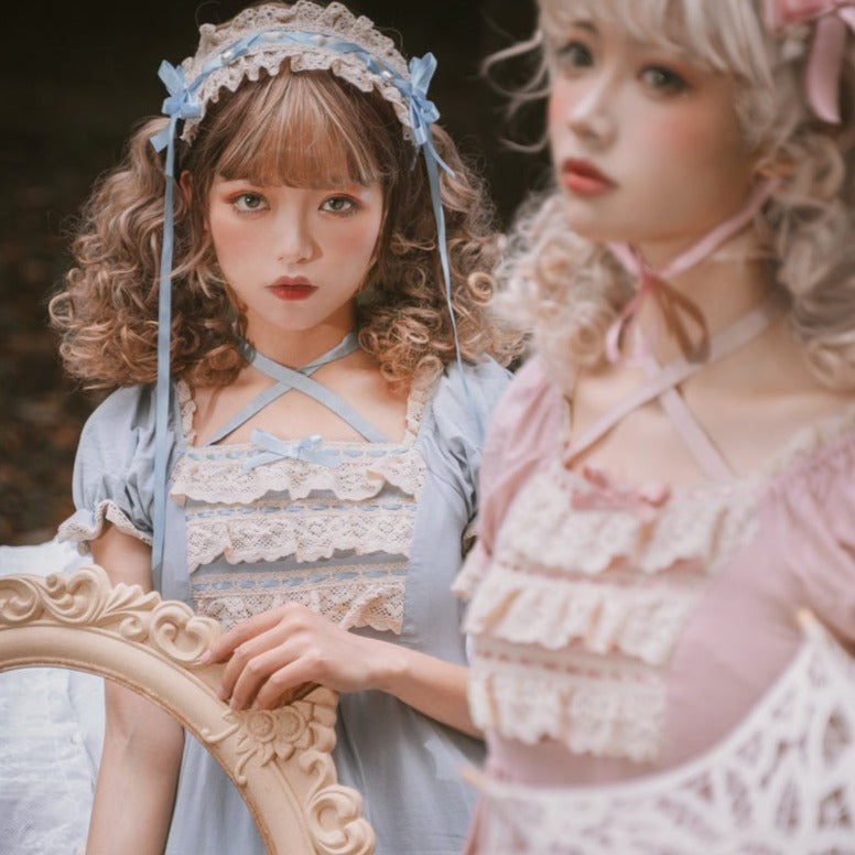 【予約販売】フリルスクエアネック甘ロリ半袖ワンピースとヘッドドレス