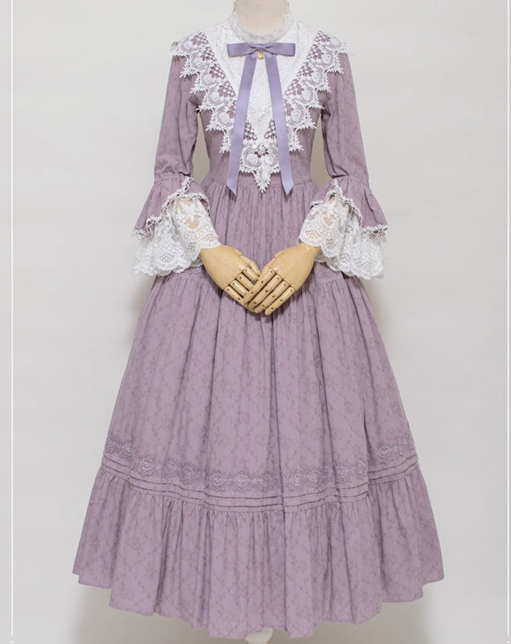 Classical cotton-jacquard lace stand-collar dress