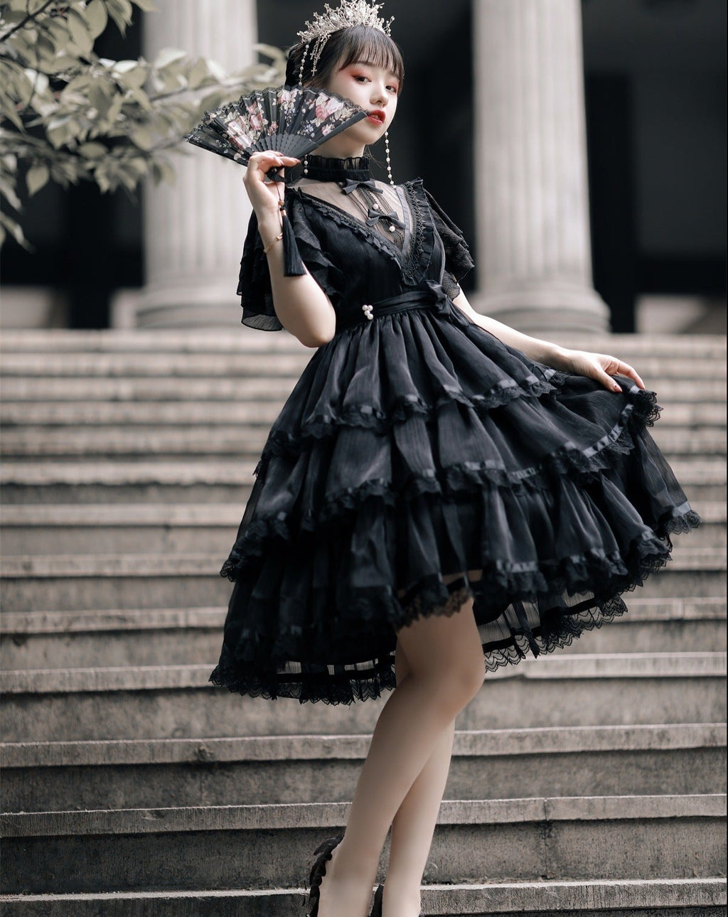 Sheer Stand Collar Elegant Frill Dress