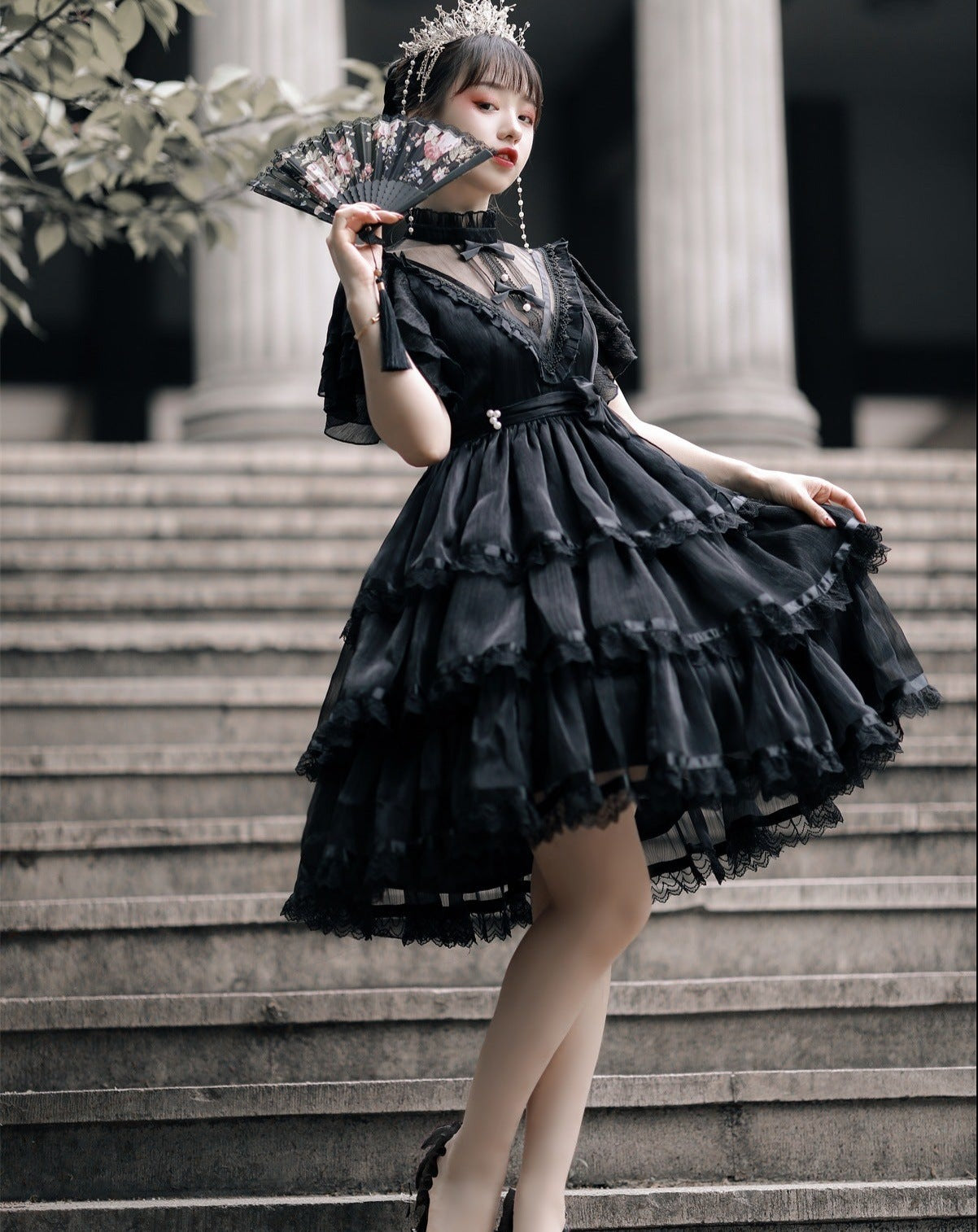 Sheer Stand Collar Elegant Frill Dress