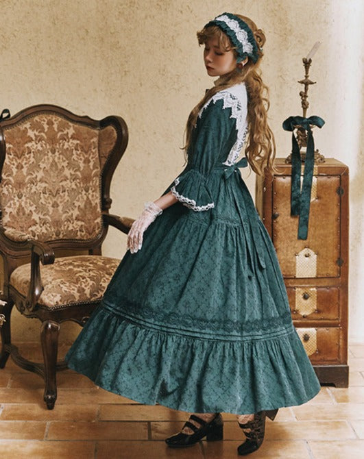 Classical cotton-jacquard lace stand-collar dress