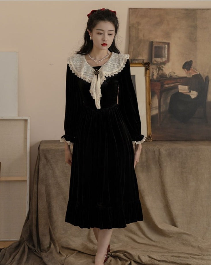 Black velvet lace collar dress