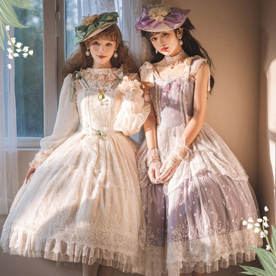 Suzuran flower embroidery layered jumper skirt