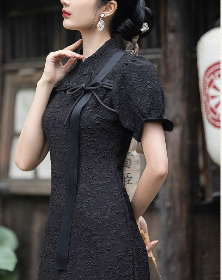 Black floral print jacquard China dress