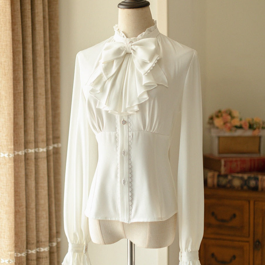 Classical Stand Collar Ribbon Tie Blouse [20% off for combined purchases]
