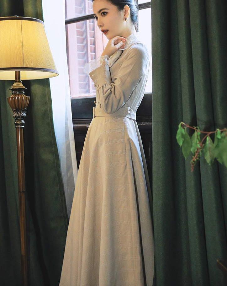 Retro French embroidered lace collar check dress