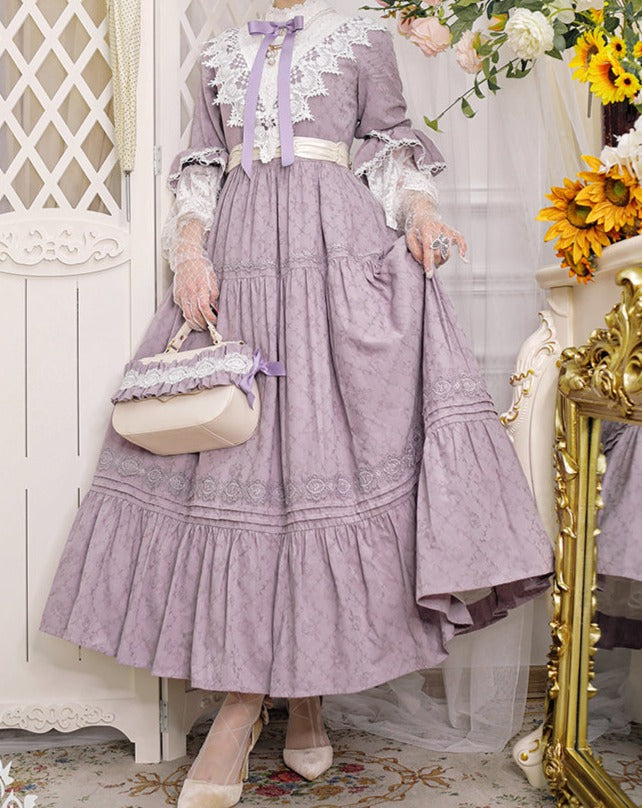 Classical cotton-jacquard lace stand-collar dress