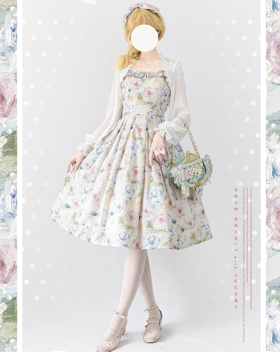 [Reservation sale] Rose oil painting French sleeve jumper skirt with ribbon hair accessory