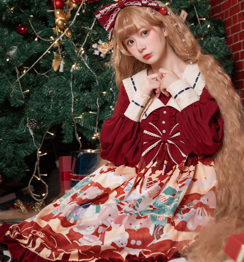 Santa Bear Print Christmas Color Lolita Dress
