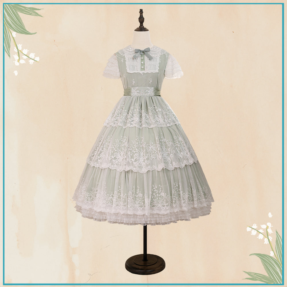 [Pre-order] Lily of the Valley Flower Embroidered Three-Tier Lace Dress (Mid-Length)