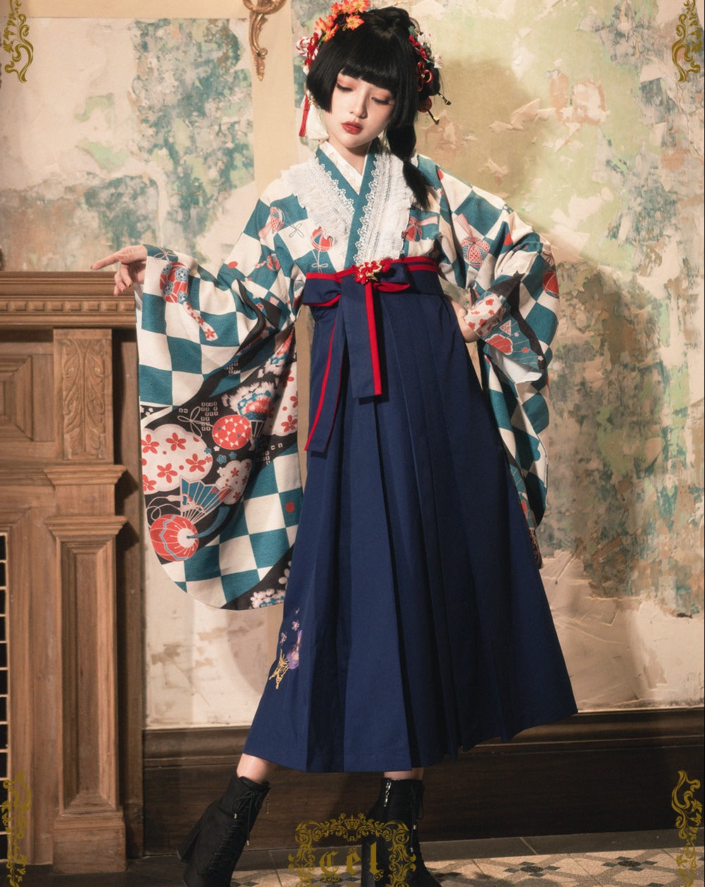 Camellia flower embroidery and butterfly hakama skirt
