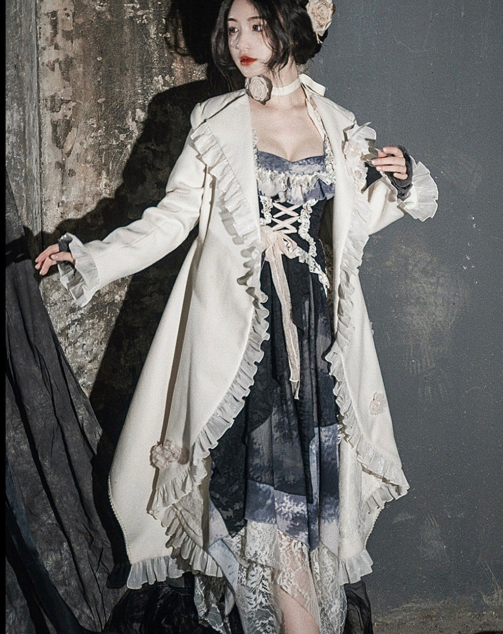 Irregular hem frill coat with belt