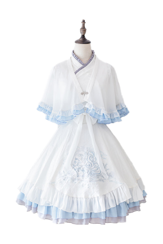 Nine-Tailed Fox Flower Lolita Jumper Skirt with Cloak and Hair Accessory