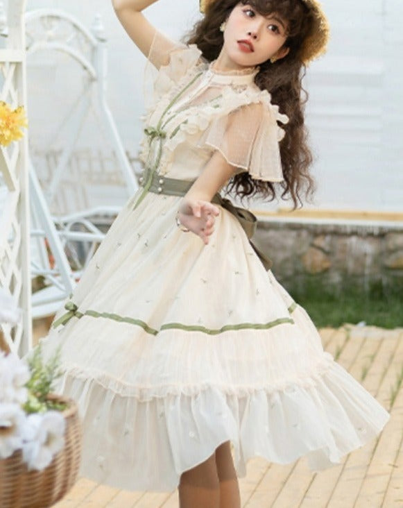 Chiffon floret embroidery classical stand collar dress