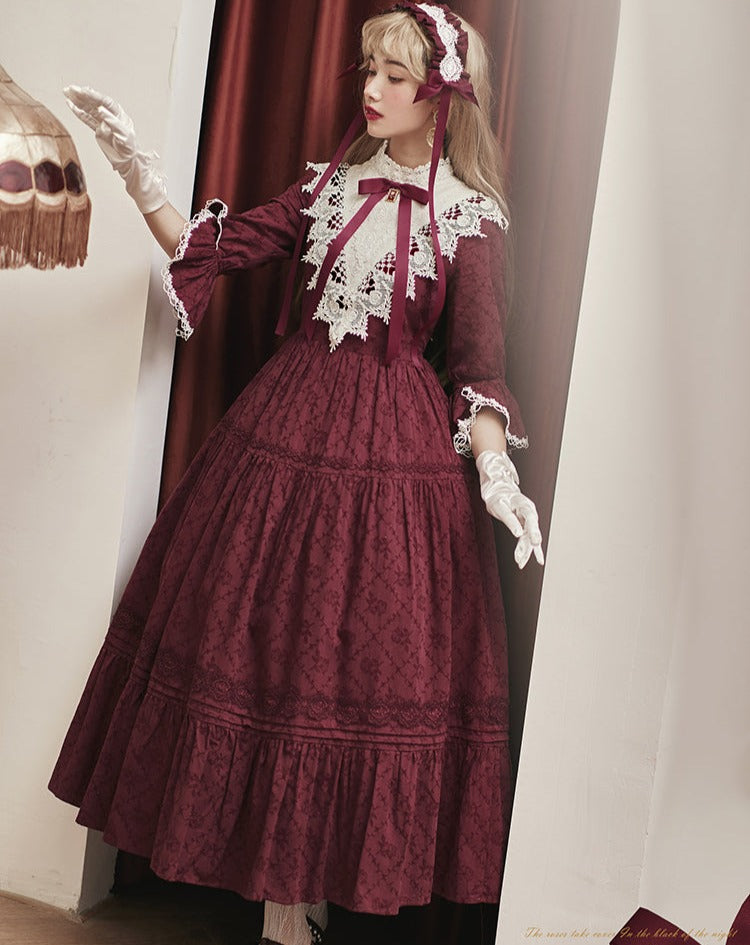 Classical cotton-jacquard lace stand-collar dress