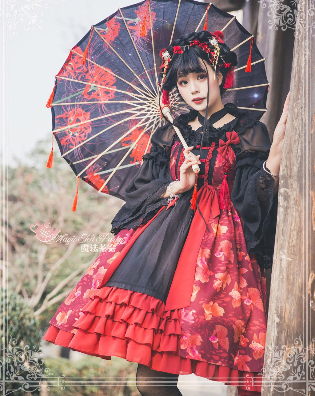 Yumemiru Goldfish Flower Lolita Jumper Skirt with Hair Accessory