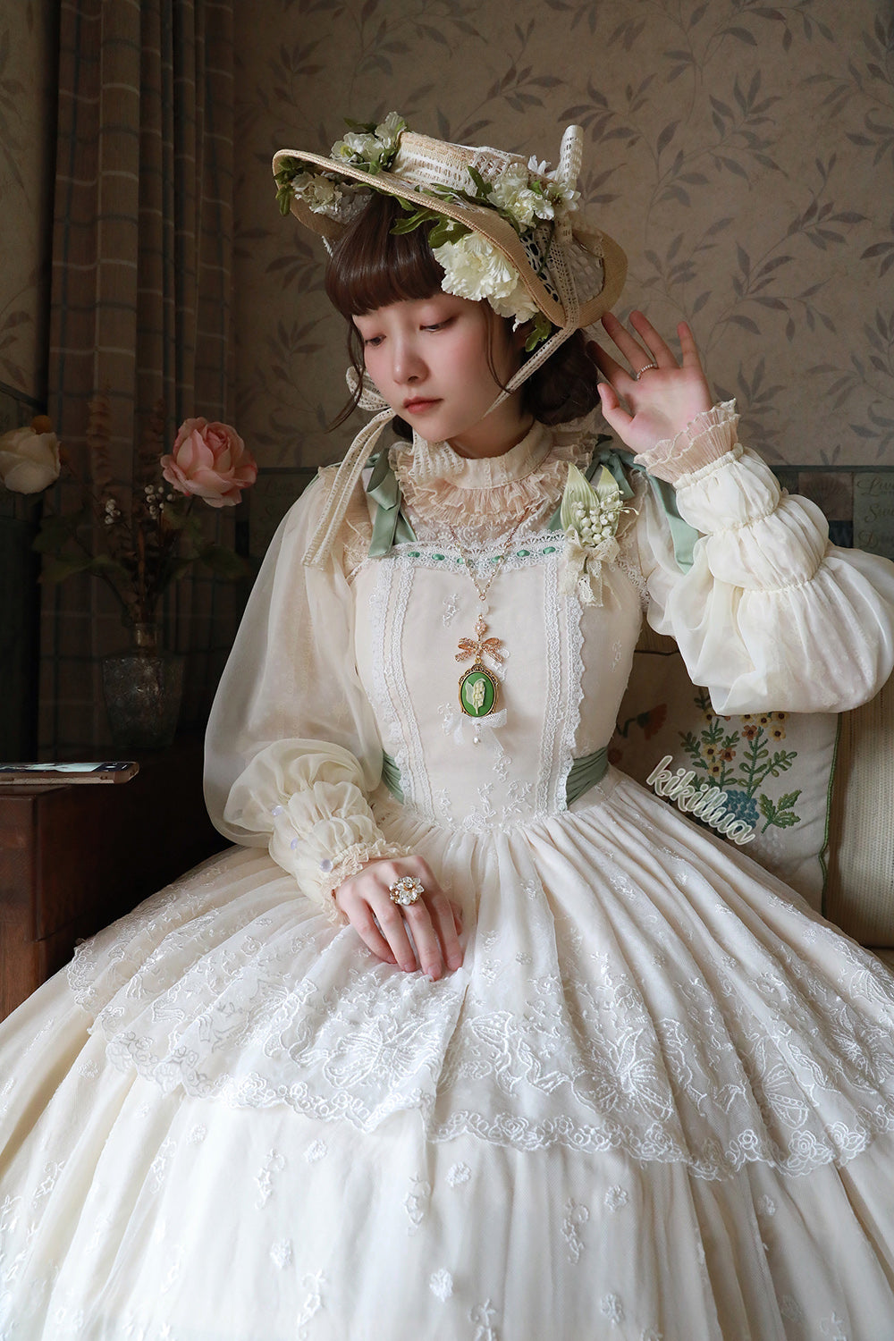 [Pre-order] Lily of the Valley Flower Embroidered High Neck Frill Blouse [20% off when purchased together]