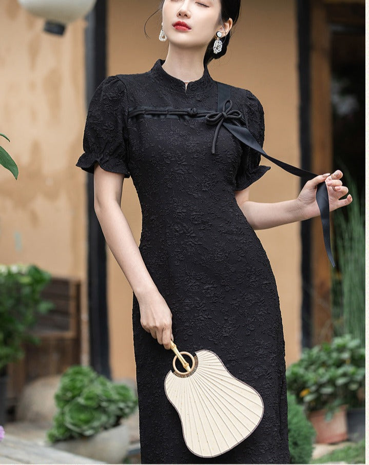 Black floral print jacquard China dress