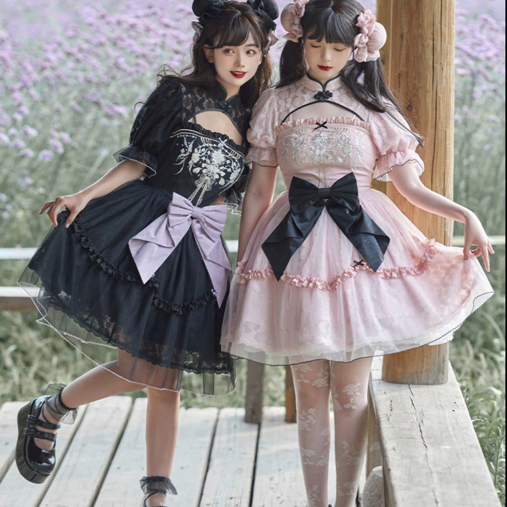 華ロリ レースと刺繍のマオカラーワンピース