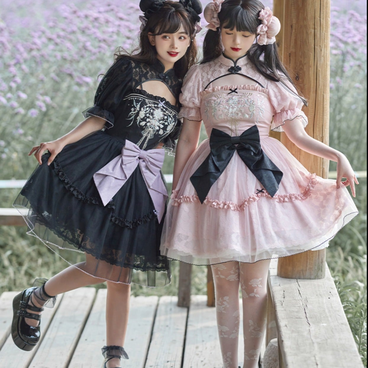 華ロリ レースと刺繍のマオカラーワンピース