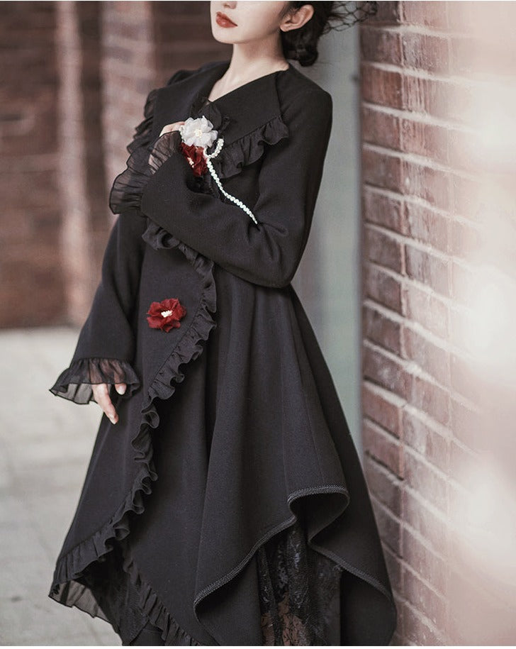 Irregular hem frill coat with belt