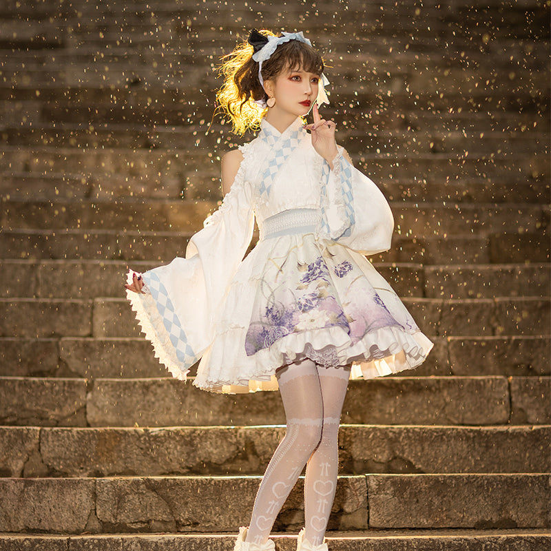 Japanese loli flower pattern white mini dress with headdress