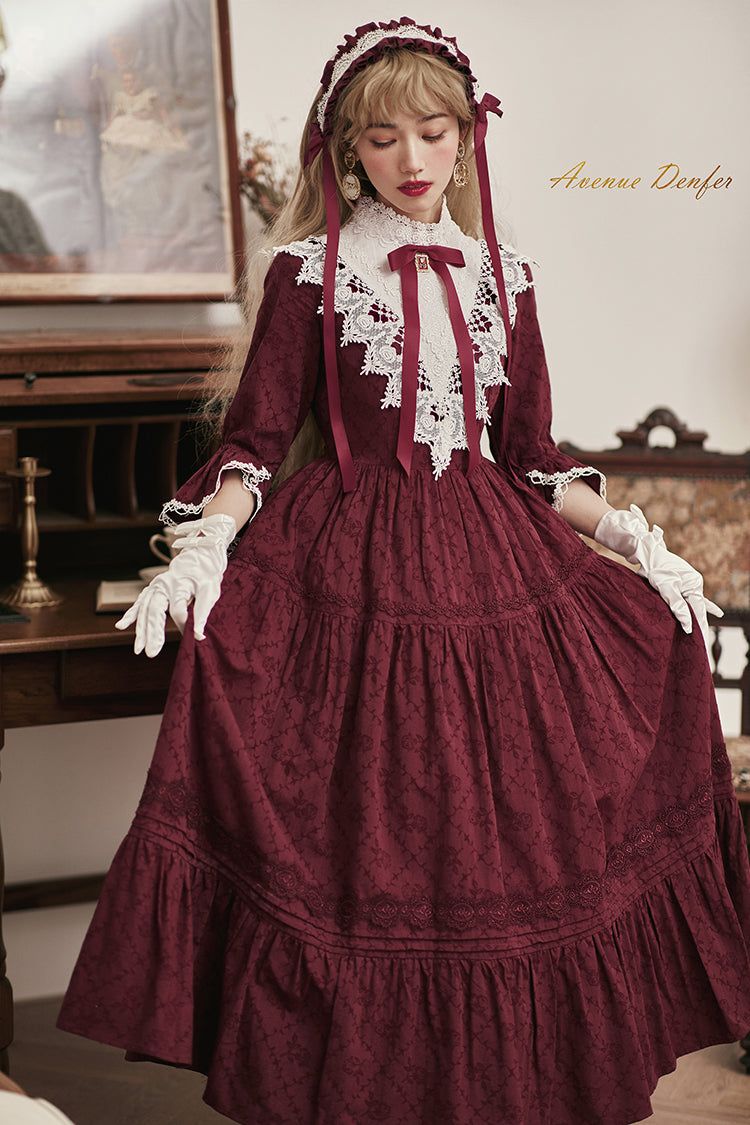 Classical cotton-jacquard lace stand-collar dress