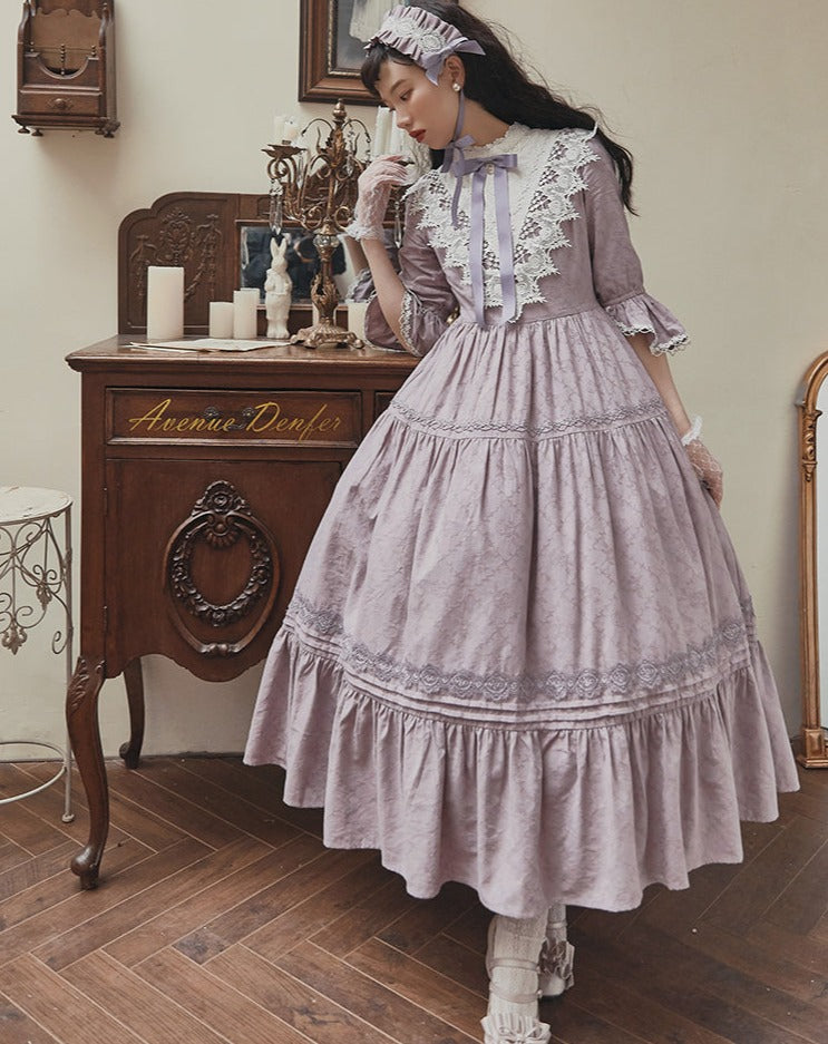 Classical cotton-jacquard lace stand-collar dress