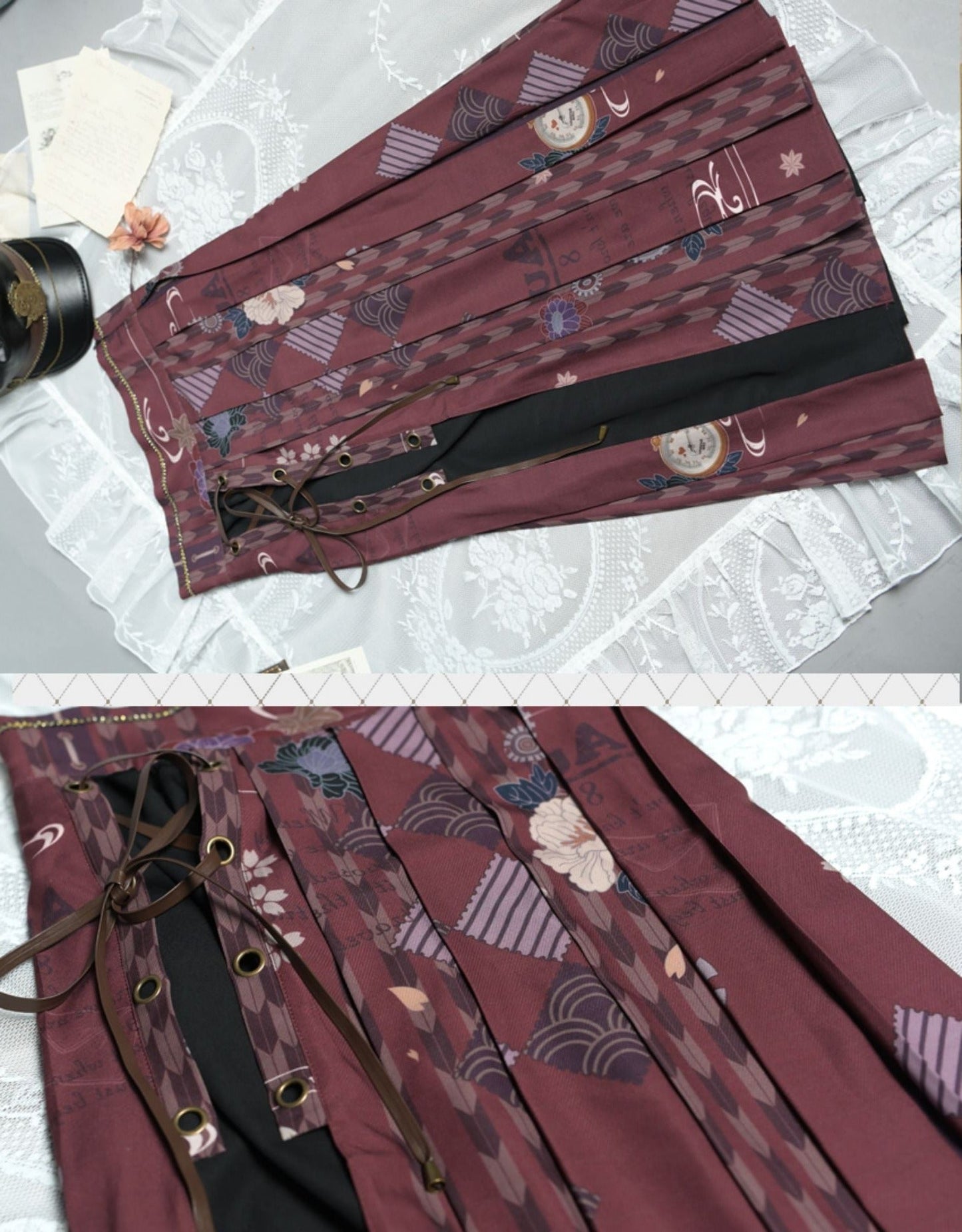 Traveler's diary Japanese-style print pleated skirt