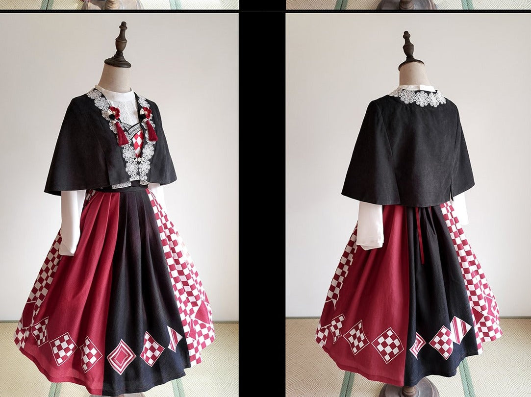 Taisho Roman Rhombic Lattice Japanese Lolita Jumper Skirt and Cloak Japanese Lolita