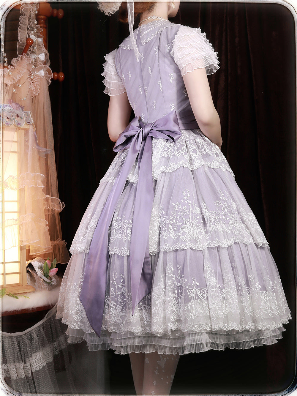 [Pre-order] Lily of the Valley Flower Embroidered Three-Tier Lace Dress (Mid-Length)