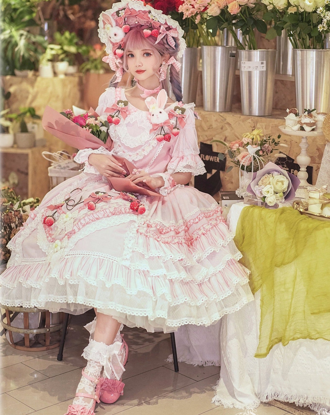 フリルとリボンのストロベリープリンセスドレス 全4色