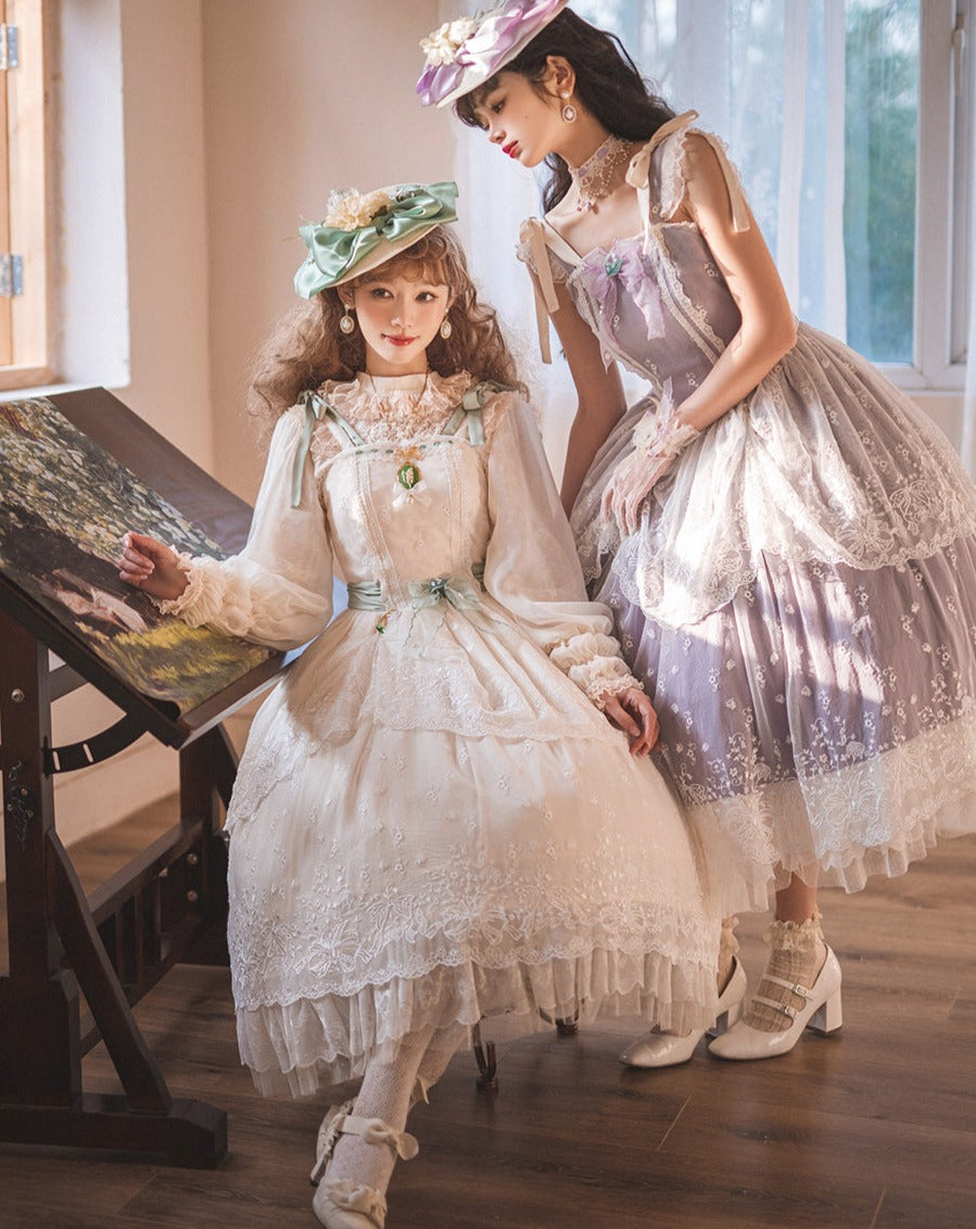 Suzuran flower embroidery layered jumper skirt