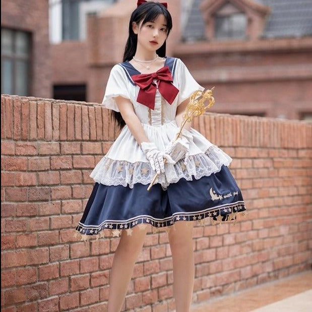 [Sold Out] Sailor Suit Lolita Dress with Embroidered Stars and Moon