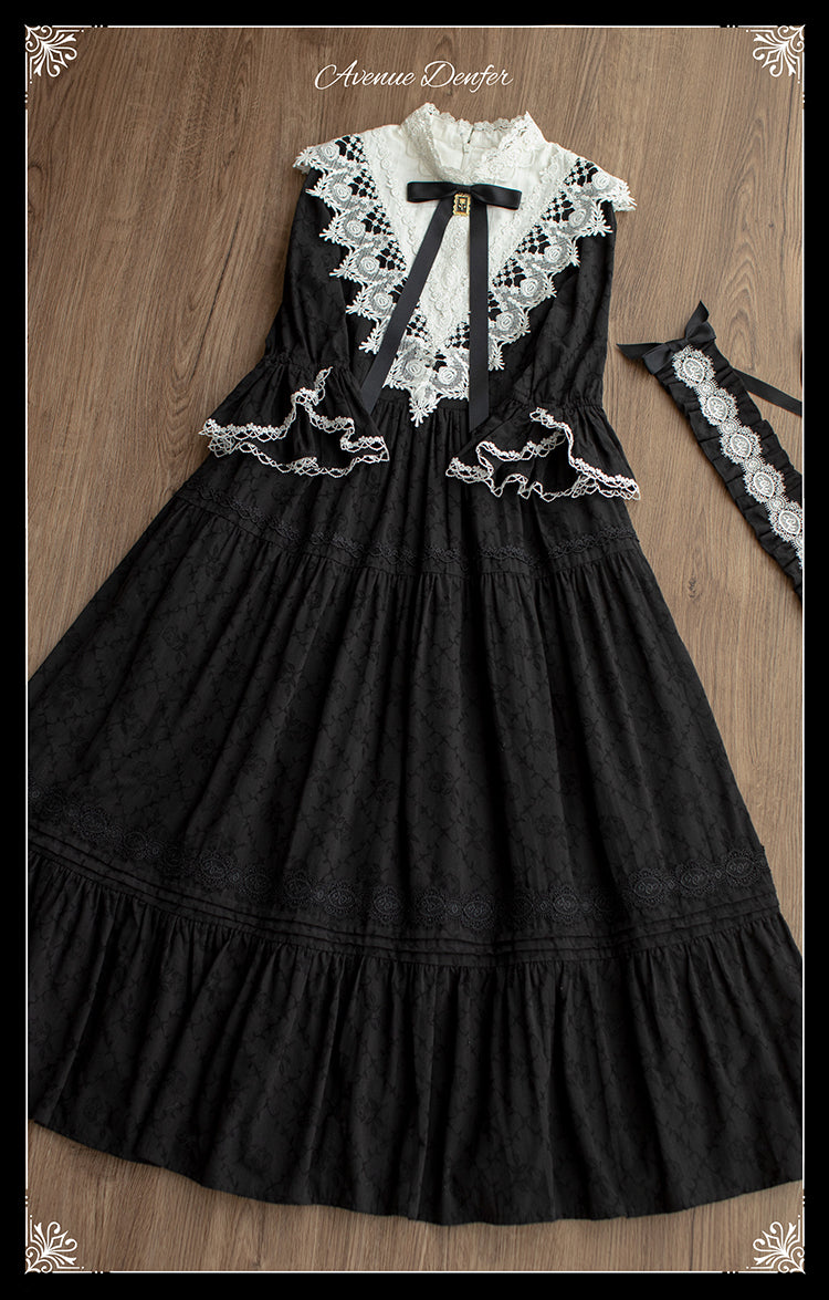 Classical cotton-jacquard lace stand-collar dress