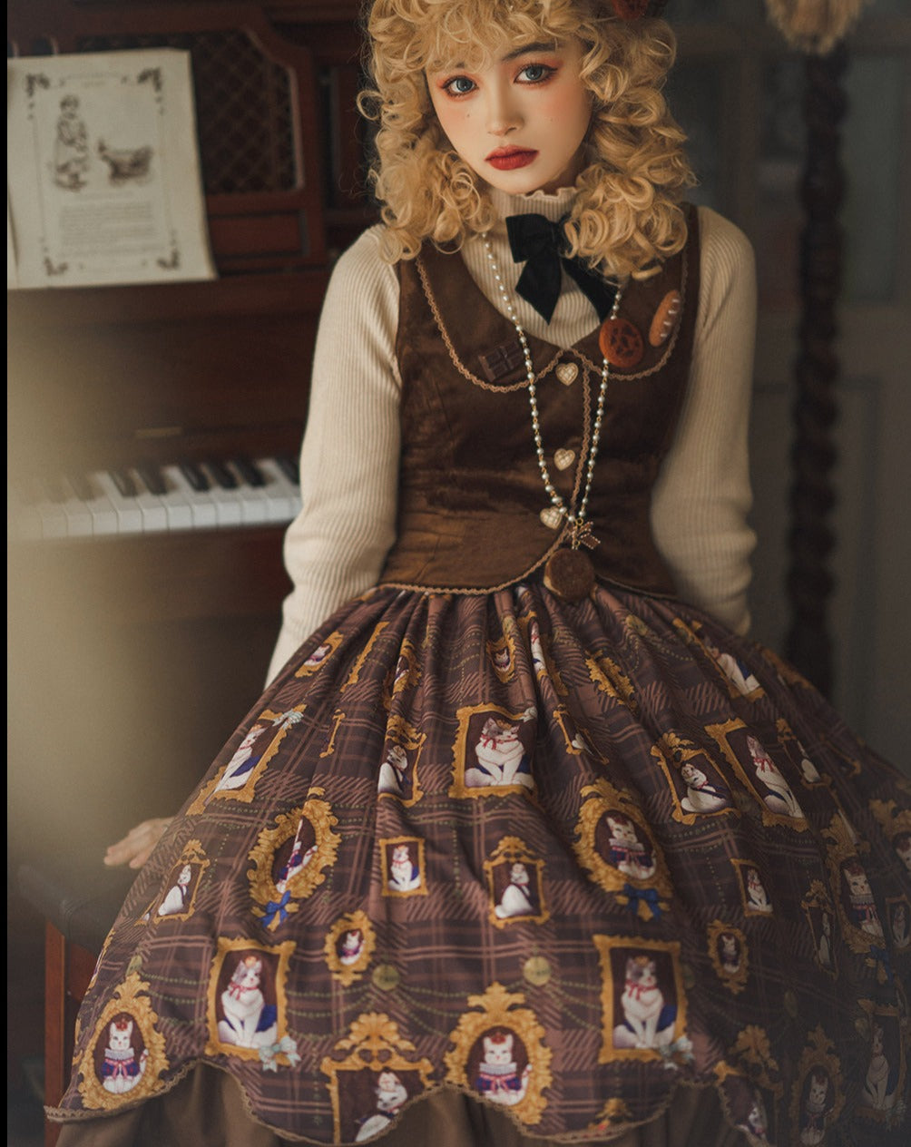[Pre-order] Frame Cat and Checkered Layered Skirt
