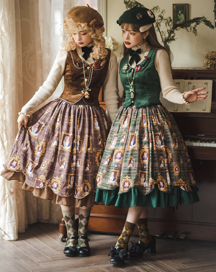 [Simultaneous purchase only] Frame Cat Beret, Ribbon Brooch, Argyle Socks, Bag