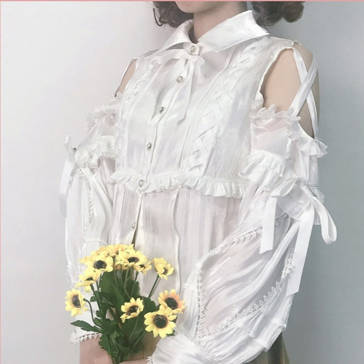 shoulder open ribbon blouse