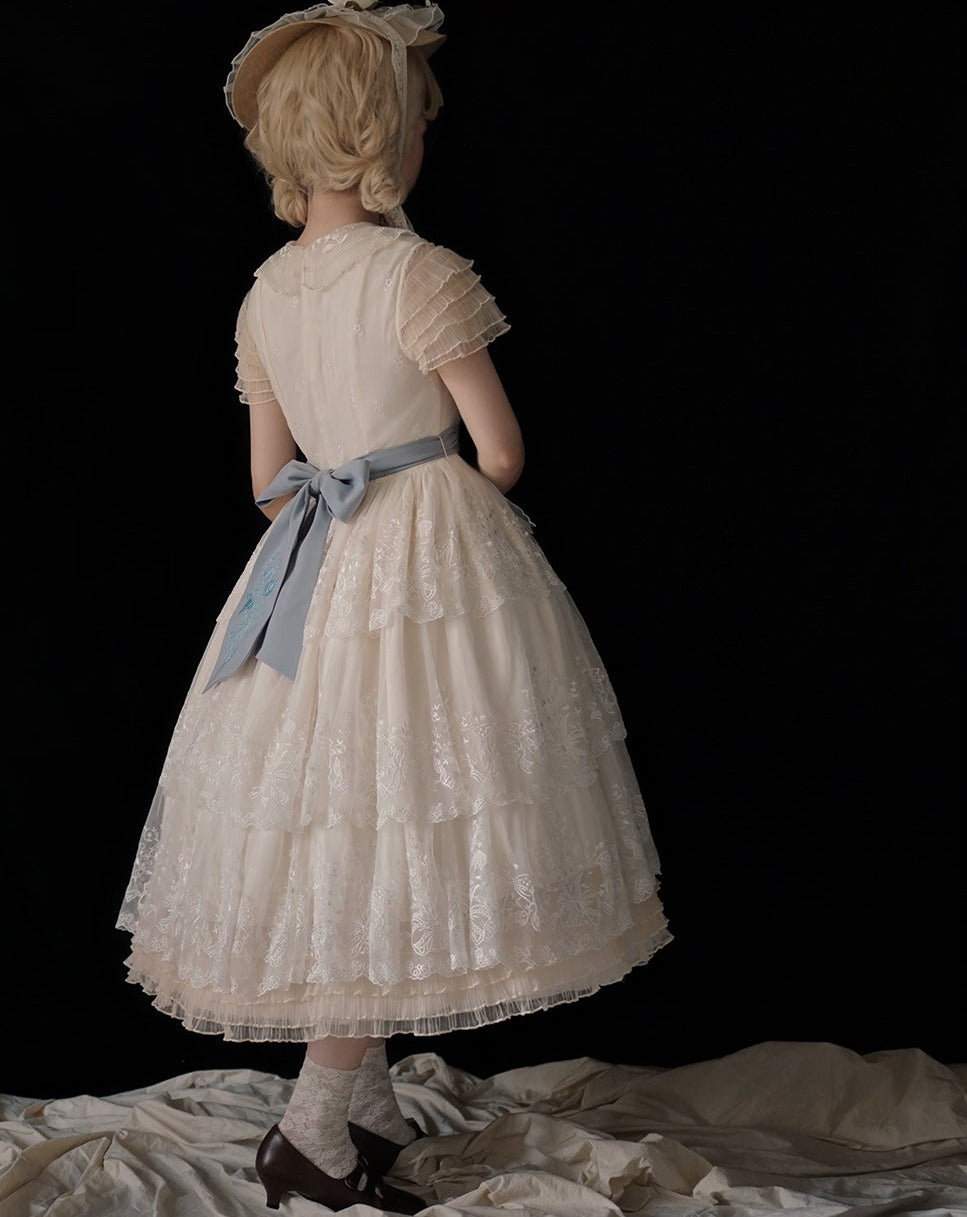 [Pre-order] Lily of the Valley Flower Embroidered Three-Tier Lace Dress (Mid-Length)