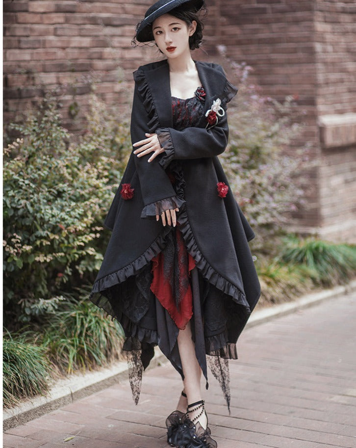 Irregular hem frill coat with belt
