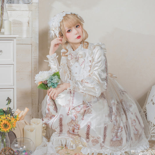 [Set sale] Small bird and flower cream dress Pannier headdress