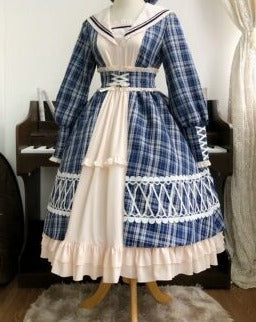 Schoolgirl in Paris Checked sailor collar dress and beret