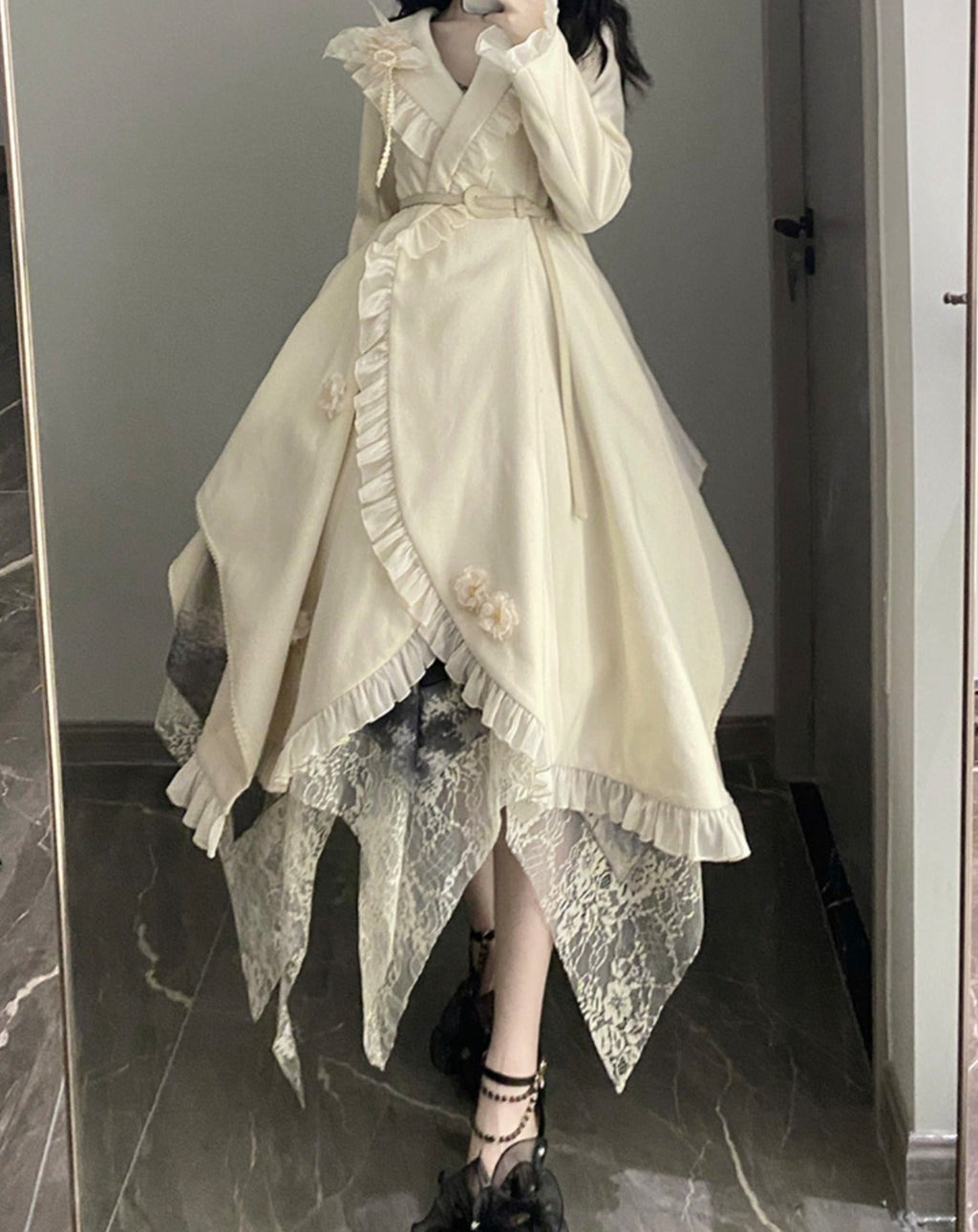 Irregular hem frill coat with belt