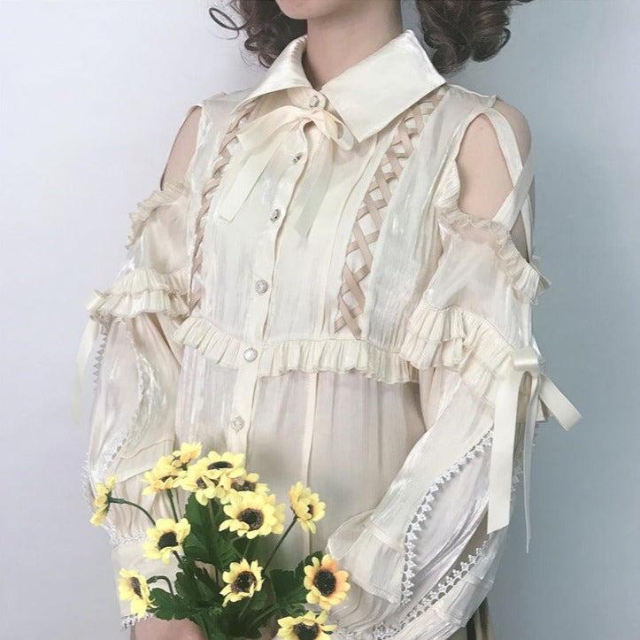 shoulder open ribbon blouse