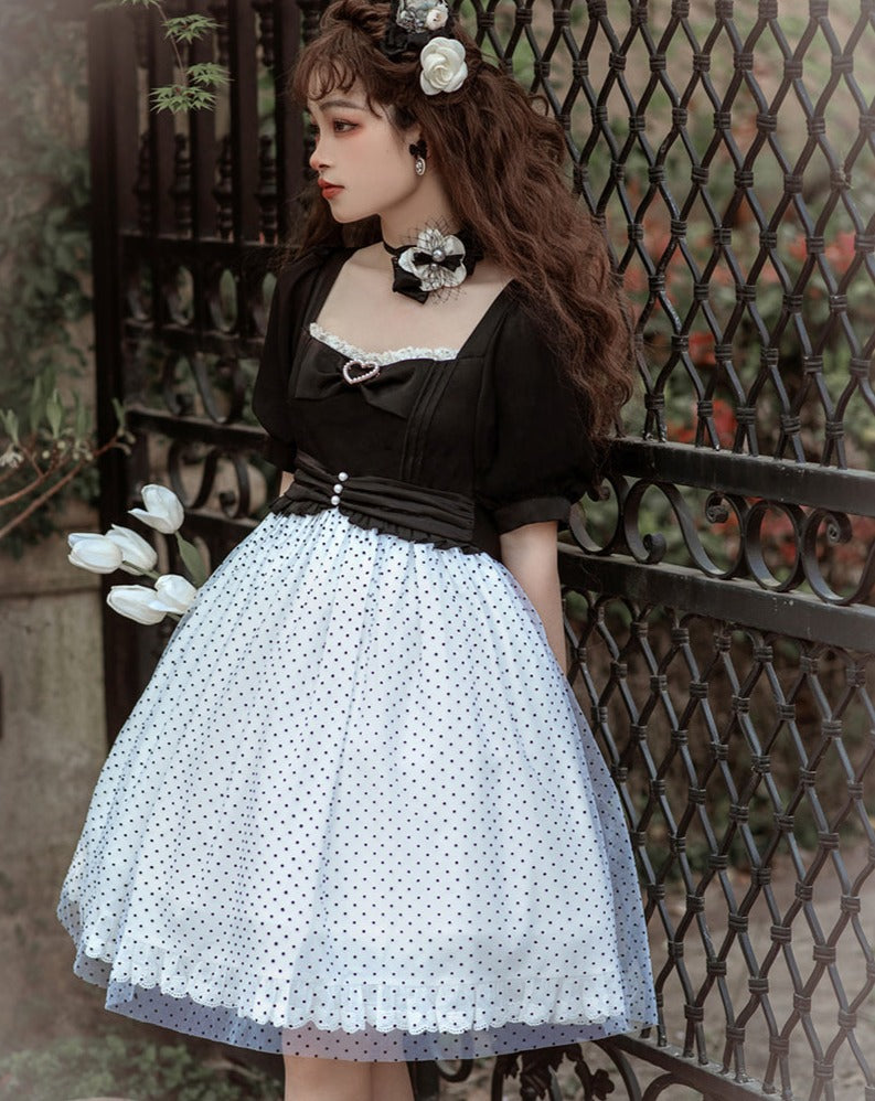 Monotone heart neck dress with polka dots