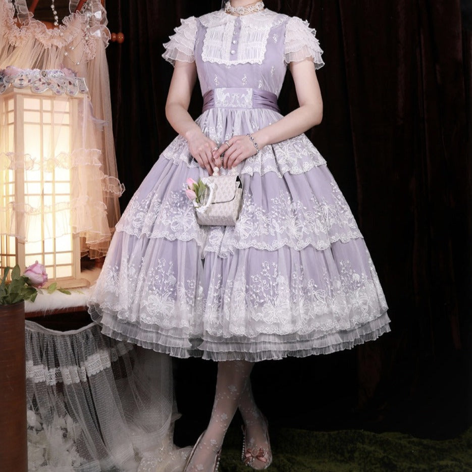 [Pre-order] Lily of the Valley Flower Embroidered Three-Tier Lace Dress (Mid-Length)
