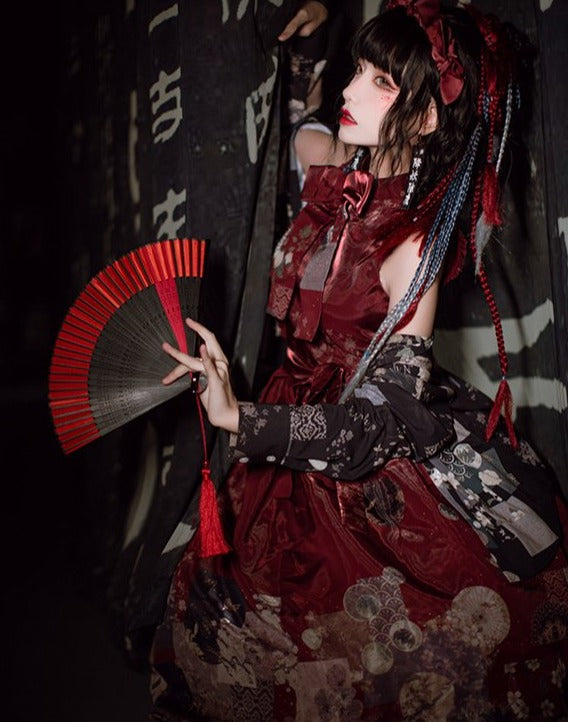 月下の花和風プリントジャンパースカート　和ロリ